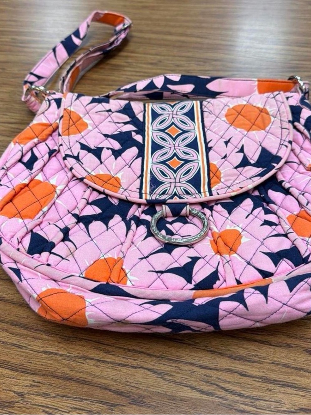 Pink Quilted Floral Crossbody Bag with Orange Accents